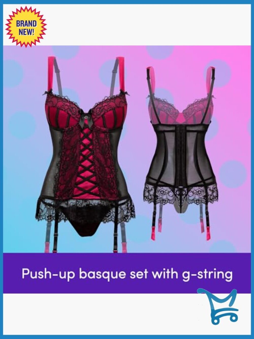 Boudoir Belle Satin Push Up Basque Set with G-String - Picture 2 of 7